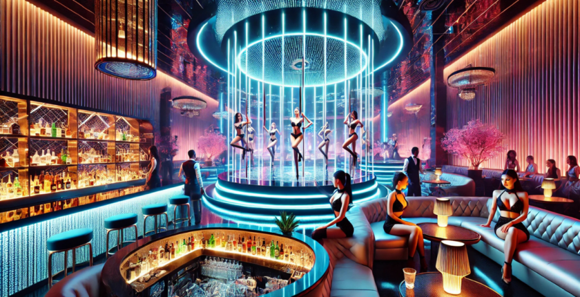 exotic dancers rehearsing and training on the pole stages before the club opens
