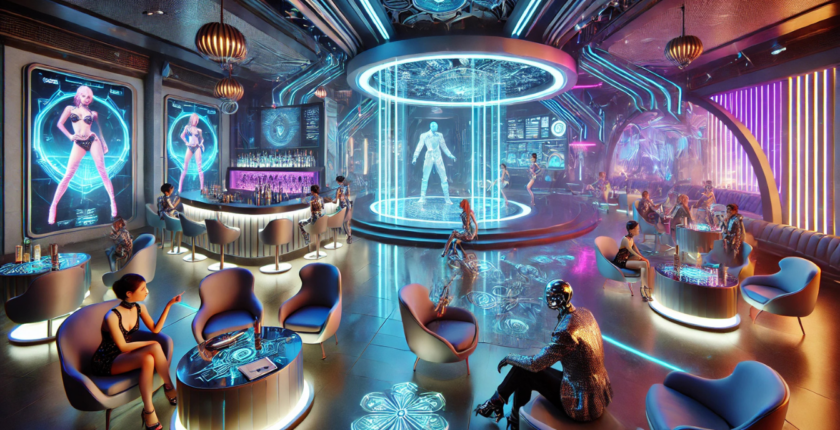 a busy modern Gentlemen's club scene with exotic dancers and customers