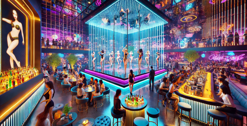 a more modern style strip club, busy, dancers on stage, colourful