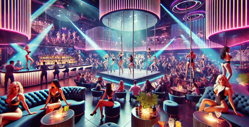 a super busy modern Gentlemen's Club with customers and dancers everywhere
