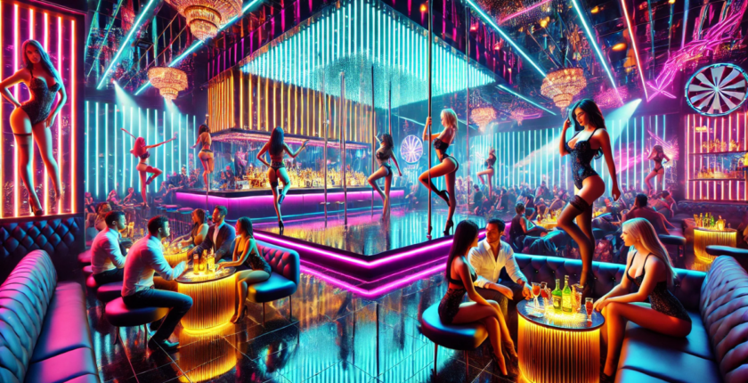 inside a massive upscale strip club, busy night vibes with lots of dancers on stages