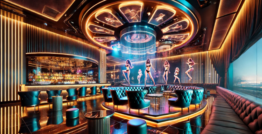 interior scene of an upmarket gentlemen's Club with dancers on stag