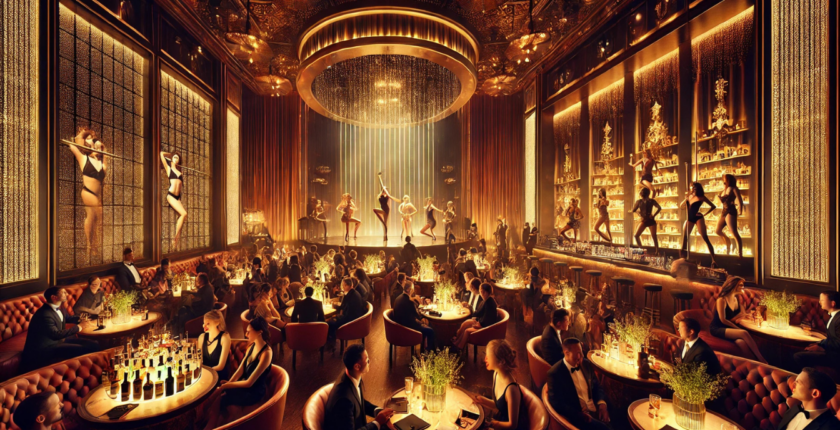 a busy stage and cabaret style VIP gentlemen's club on a busy night