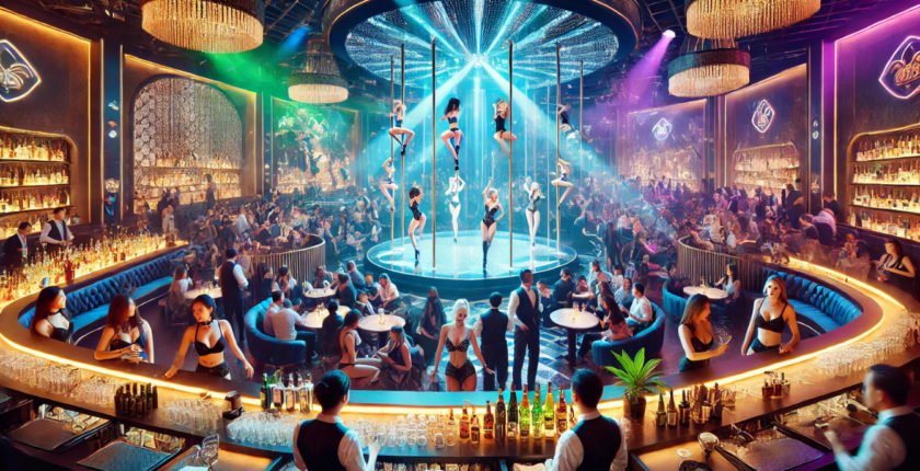 a packed out upmarket modern strip club on a busy night