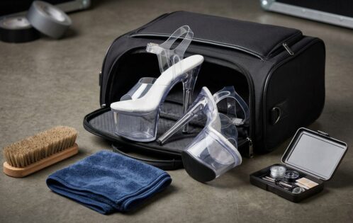 Platform heels and shoe care kit laid out for exotic dancing platform heels care and maintenance on tour