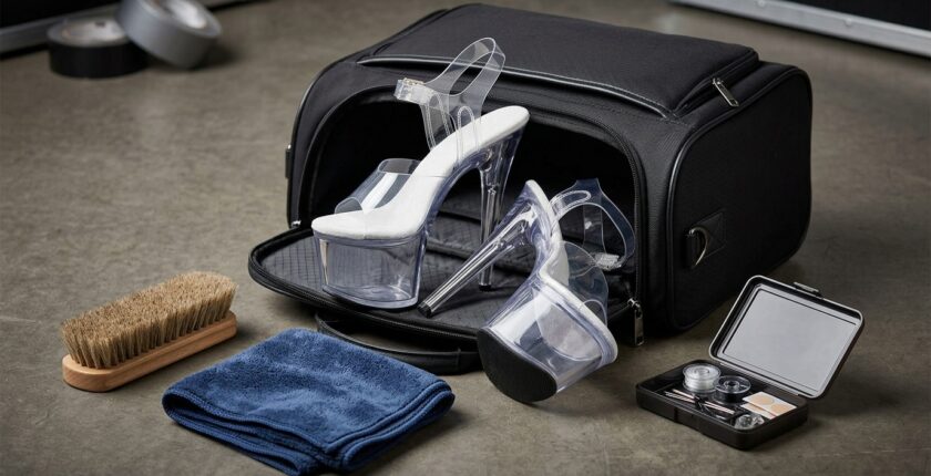 Platform heels and shoe care kit laid out for exotic dancing platform heels care and maintenance on tour
