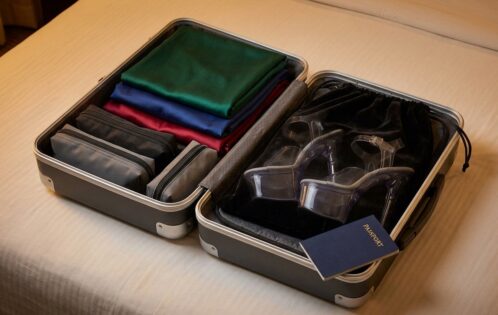 Neatly packed suitcase with exotic dancer costumes and platform heels ready for a multi-city tour
