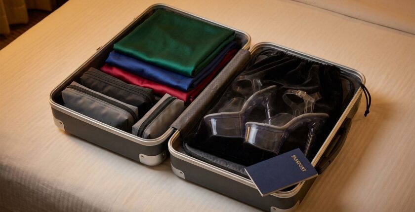 Neatly packed suitcase with exotic dancer costumes and platform heels ready for a multi-city tour