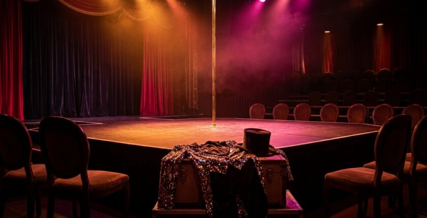 Empty cabaret stage with dramatic lighting and a sequined costume, representing feature showgirl act design
