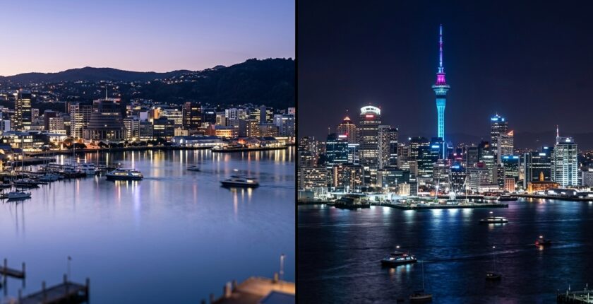 Wellington harbour and Auckland skyline at night — comparing exotic dancer jobs in Wellington vs Auckland New Zealand