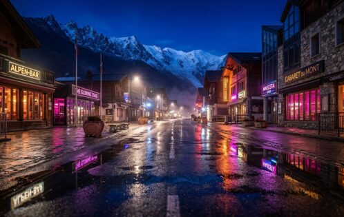 Queenstown New Zealand nightlife street at night with mountain backdrop — destination guide for stripper jobs Queenstown New Zealand