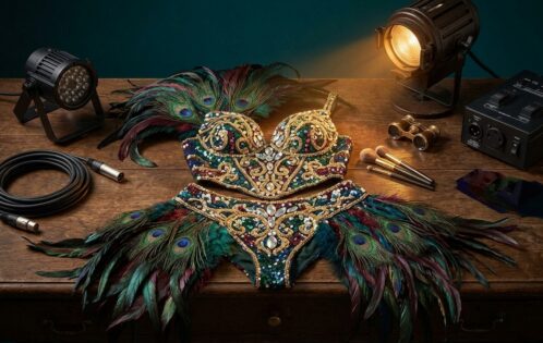 Elaborate feathered showgirl costume on a dressing table — how to get booked as a feature showgirl