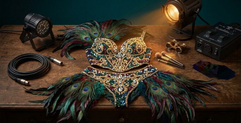 Elaborate feathered showgirl costume on a dressing table — how to get booked as a feature showgirl