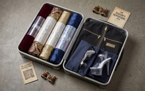 Open suitcase packed with theatrical costumes and heels, illustrating how to pack costumes for travel without damage