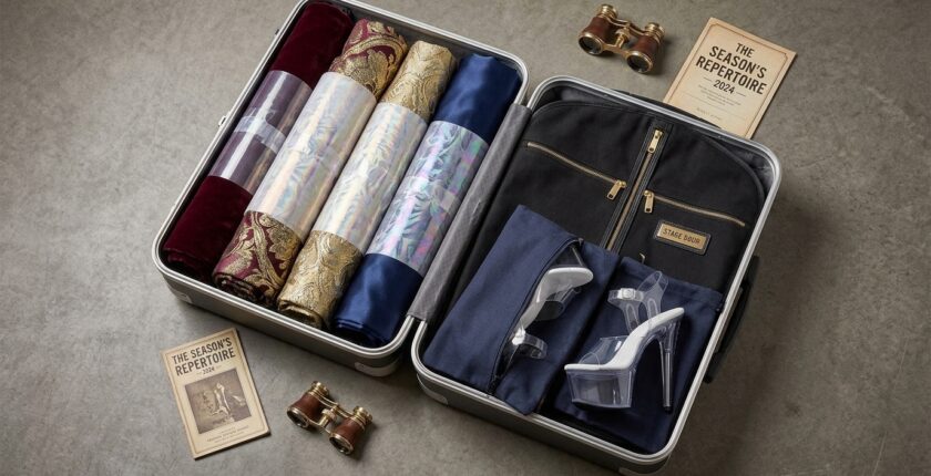 Open suitcase packed with theatrical costumes and heels, illustrating how to pack costumes for travel without damage