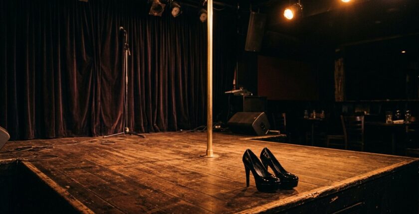 Empty club stage with pole and platform heels — a quiet moment that captures the reality of exotic dancer burnout on tour