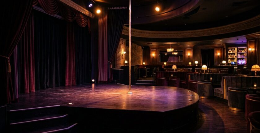 Empty club stage with warm stage lighting, representing exotic dancer jobs in Christchurch New Zealand
