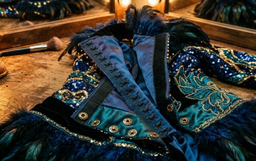 Close-up of theatrical costume fastenings used in feature show costume quick-change technique, including velcro, snaps and hook-and-eye closures