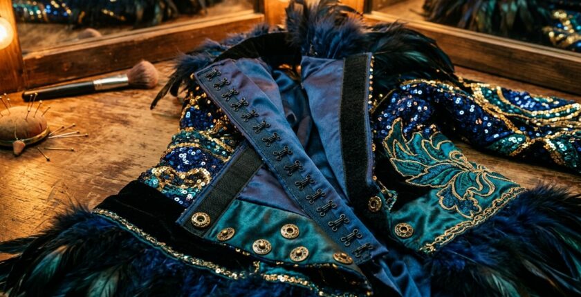Close-up of theatrical costume fastenings used in feature show costume quick-change technique, including velcro, snaps and hook-and-eye closures