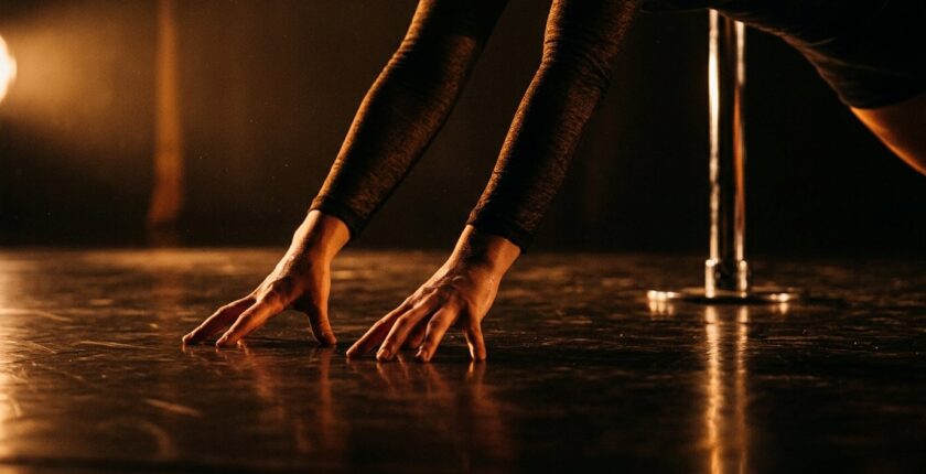Dancer's hands on a lit stage floor during pole dancing floor work transitions, chrome pole visible in background