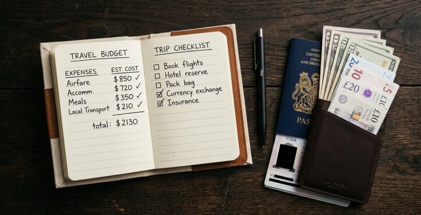 Notebook, passport and travel wallet on a dark surface — practical financial planning for saving money as a touring exotic dancer