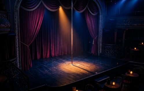 Empty spotlight on a cabaret stage pole illustrating feature showgirl act structure and staging