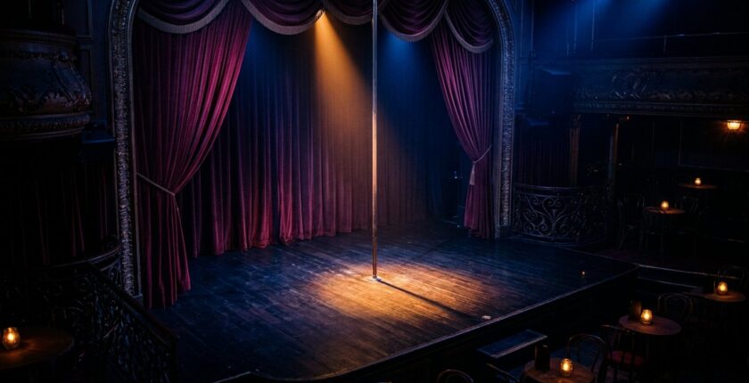 Empty spotlight on a cabaret stage pole illustrating feature showgirl act structure and staging