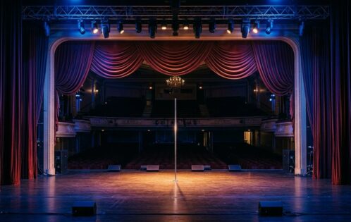 Empty stage with pole and dramatic lighting representing stripper jobs New Zealand venue atmosphere
