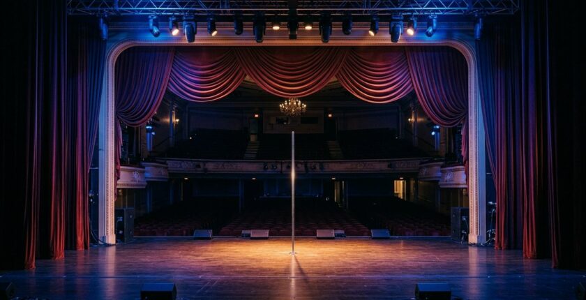 Empty stage with pole and dramatic lighting representing stripper jobs New Zealand venue atmosphere